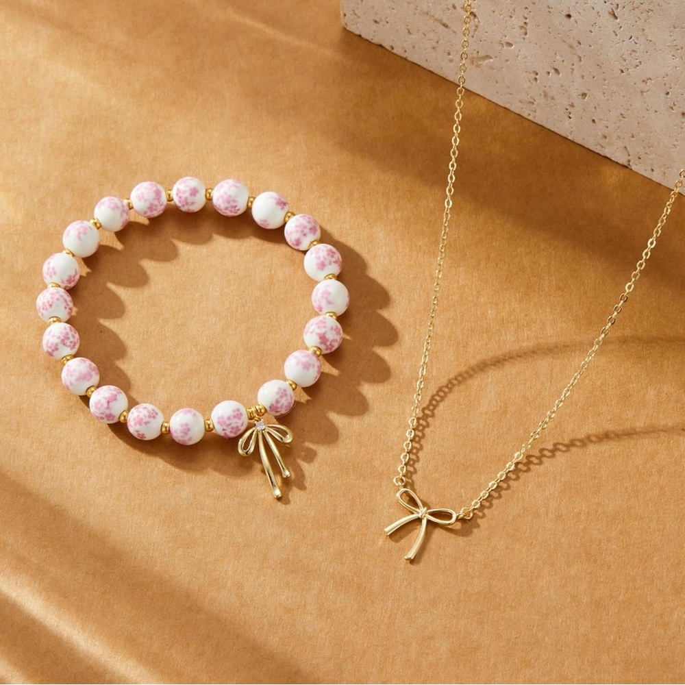 14K Gold Beaded Bow Bracelet Necklace Set - Picture 3 of 5